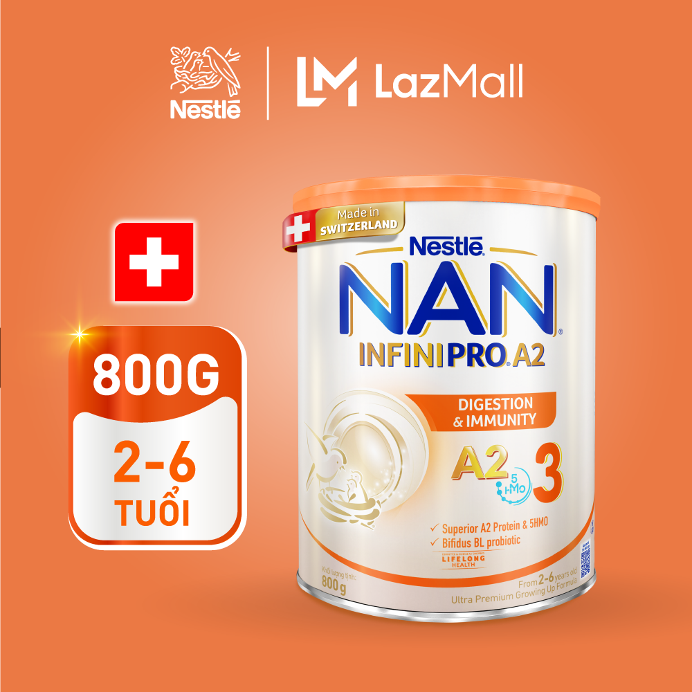 [CHỈ 20H 09/10 - 12/10 QT Đơn 599K/999K] Sữa bột Nestlé NAN INFINIPRO A2 bước 3 800g cho bé 2 - 6 tuổi nhập khẩu Thụy Sĩ chứa đạm quý A2