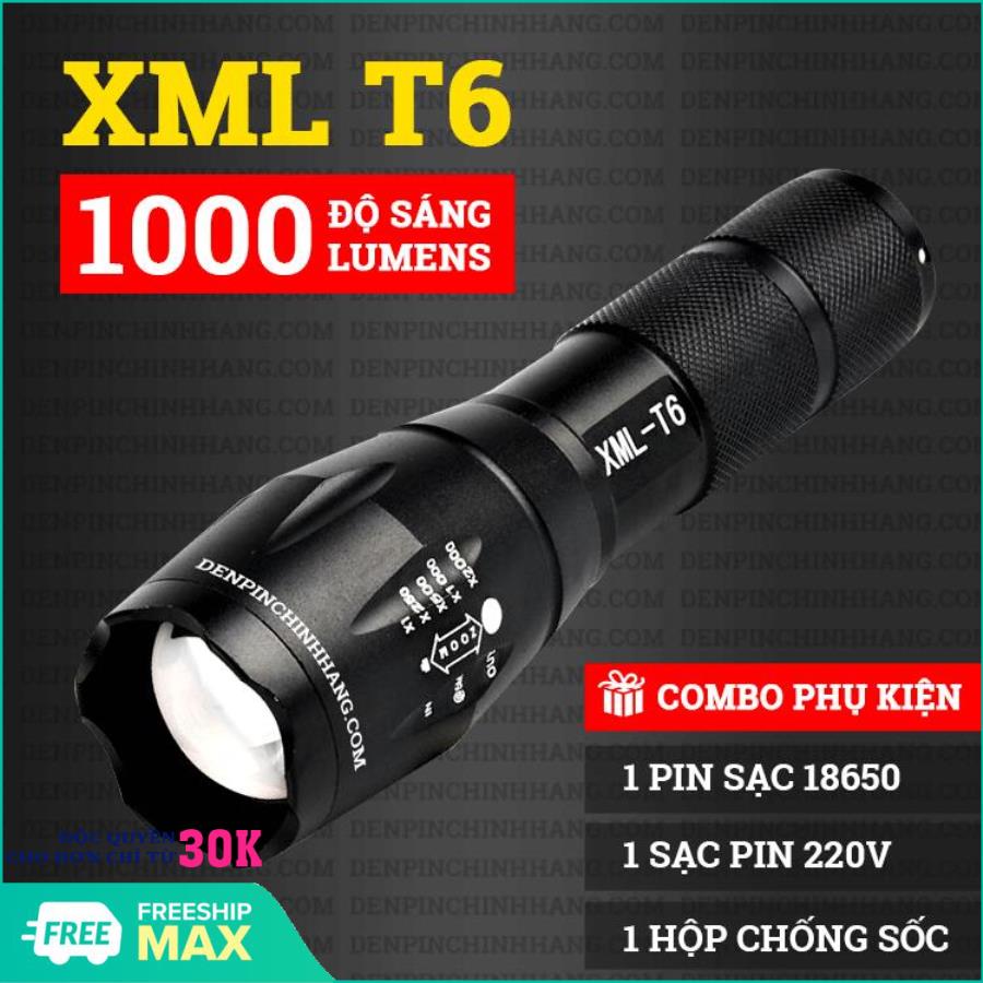 Đèn pin siêu sáng XML-T6 - Đèn chiếu xa -Đèn pin nhật bản XML- T6 Mới siêu sáng Tặng kèm Pin 18650 mA, Bộ sạc và  Hộp Chôngs Sốc - BH 1 ĐỔI 1