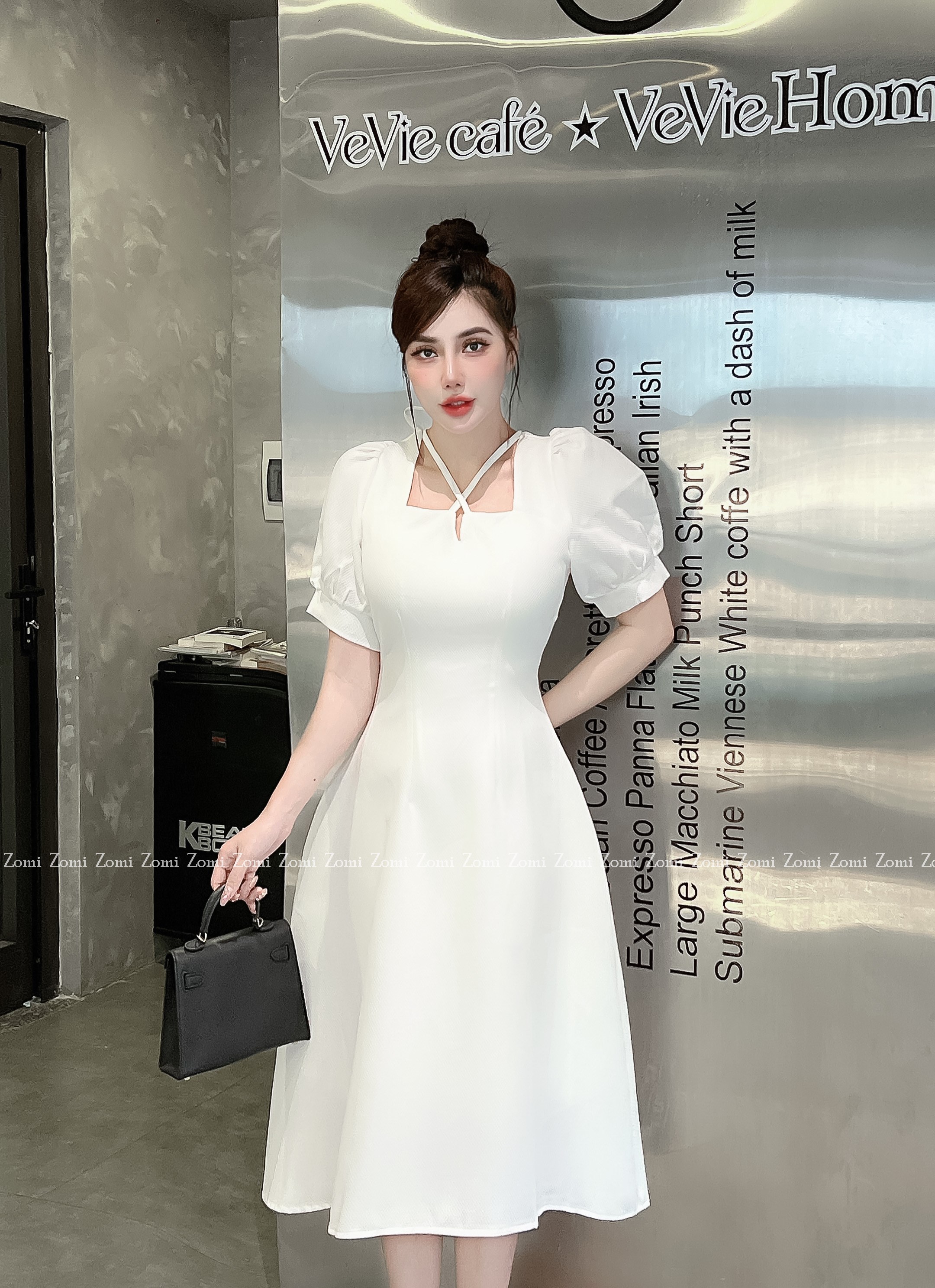 Đầm xòe dự tiệc dáng dài cổ vuông tay phồng thiết kế Zomi Z030