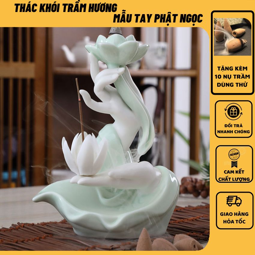 Thác khói trầm hương Mẫu Tay Phật Ngọc Nâng Sen, thác khói xông trầm tặng kèm 10 nụ trầm búp sen
