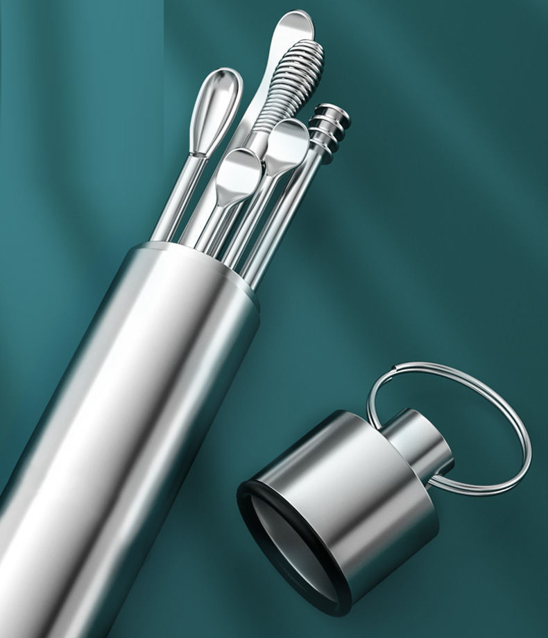 Bộ dụng cụ ráy tai,  ngoáy tai vệ sinh tai băng inox 7 chi tiết có móc treo chìa khoá