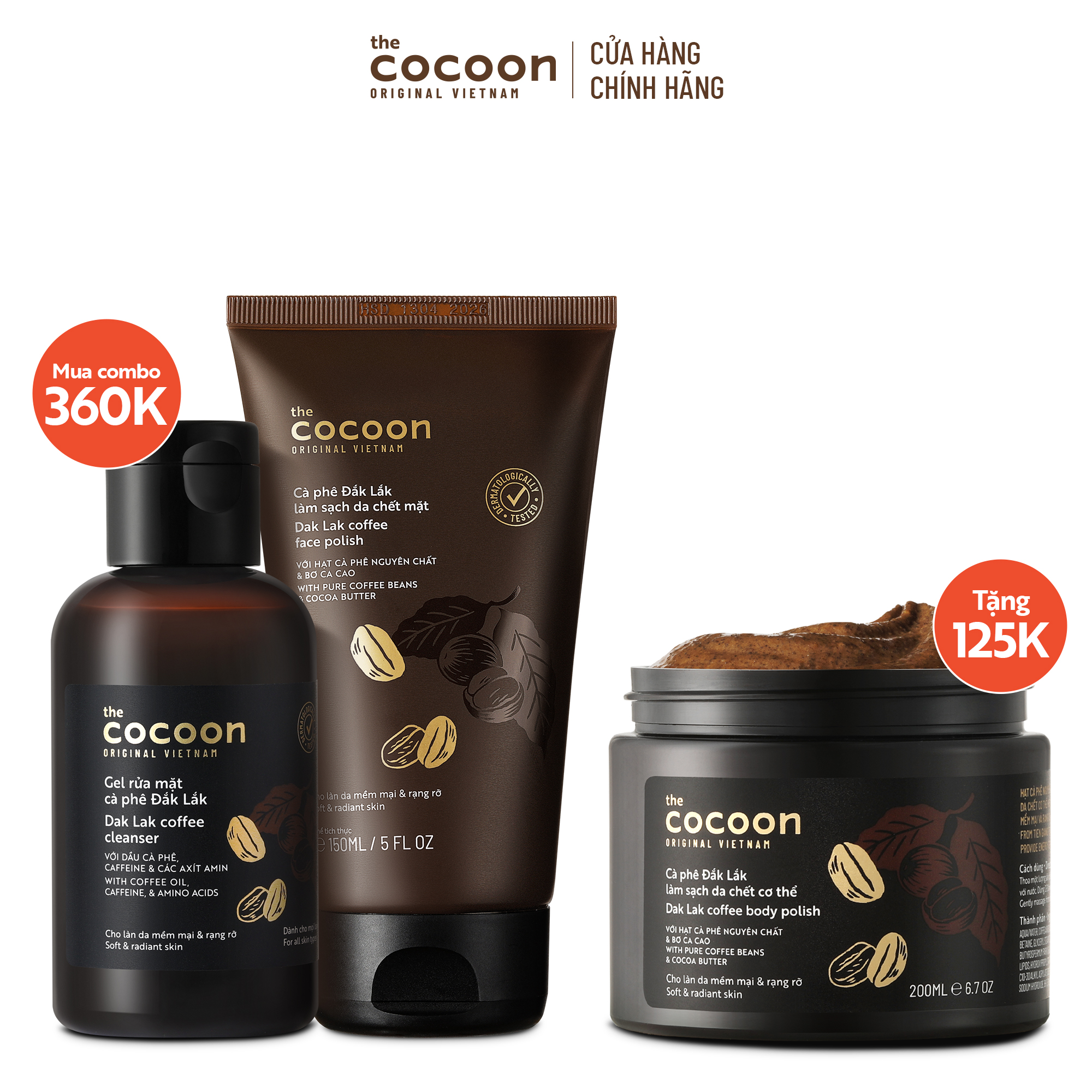 Special combo gel rửa mặt cà phê 140ml+tẩy da chết mặt cà phê 150ml tặng tẩy da chết cơ thể cà phê đắk lắk cocoon 200ml