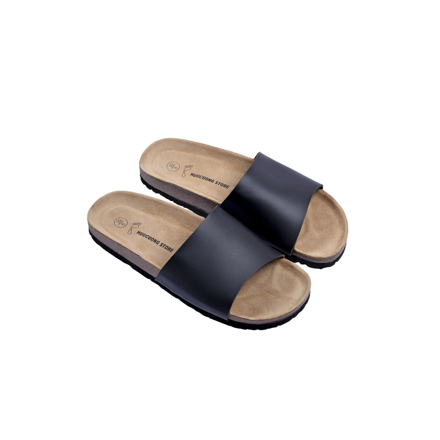 Dép đế trấu unisex 1 quai da pu đen