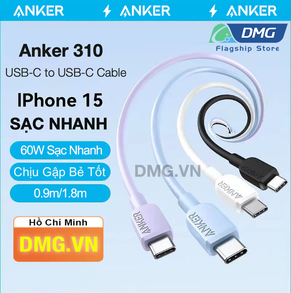 Cáp sạc nhanh Anker 310 USB-C to C A81E1/A81E2 0.9m/1.8m 60W,cho iPhone 15 Pro 15 Pro Max iPad Laptop Android,Bảo Hành 12T