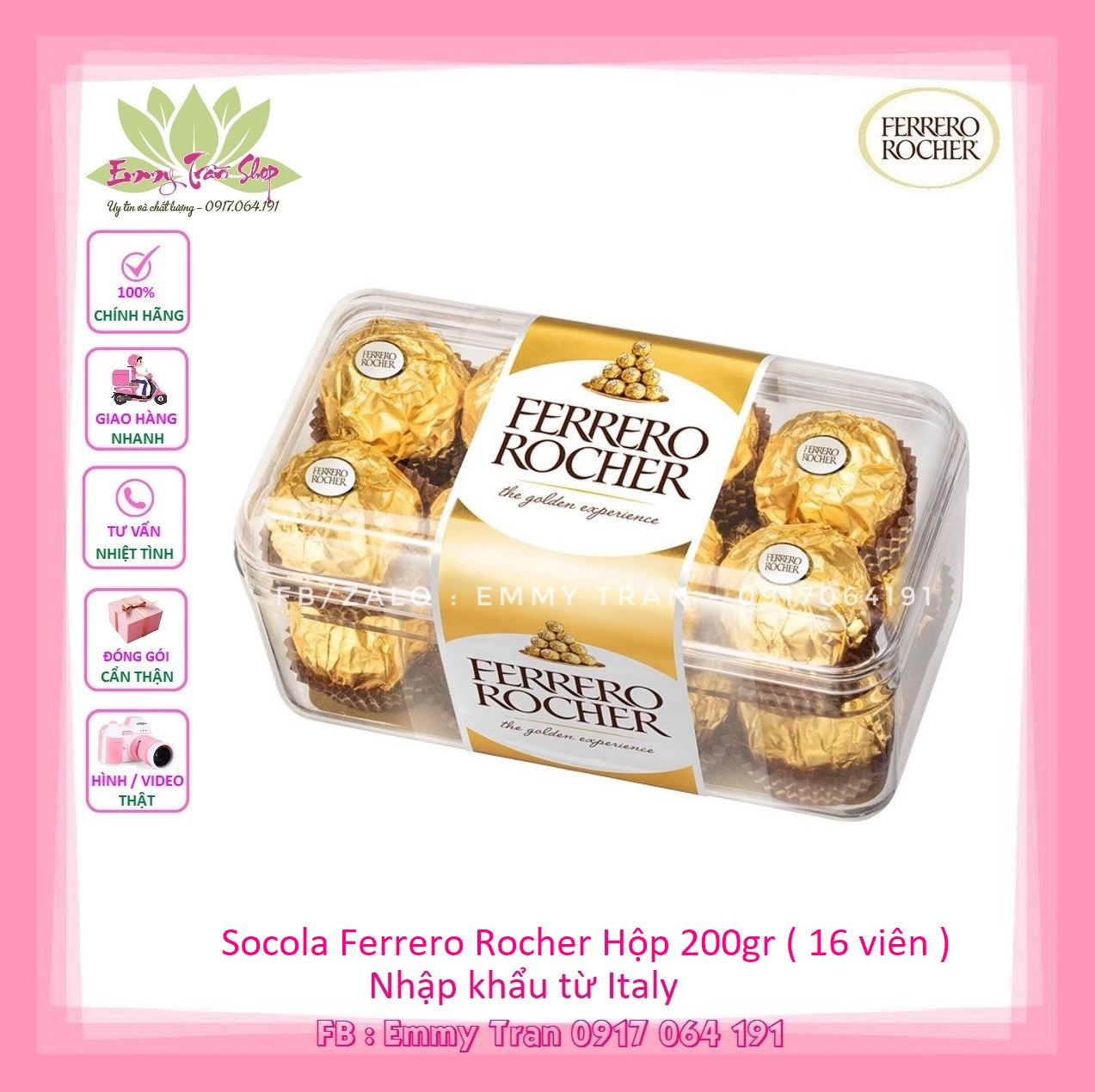 Kẹo Socola FERRERO ROCHER CHOCOLATE 200g (16 Viên) - Nhập Khẩu Từ Italy ( Emmy Tran Shop )