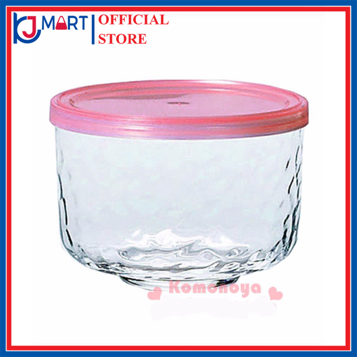 Hộp thủy tinh có nắp đậy loại màu hồng tròn 420ml nội địa Nhật Bản