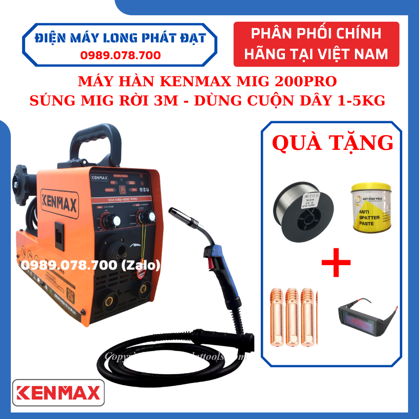 Máy Hàn MIG không dùng khí Kenmax 200Pro dây mig rời 3m tiện lợi tích hợp sử dụng cuộn dây 5kg và 1kg chuyên dùng gia đình và thợ tặng đầy đủ phụ kiện