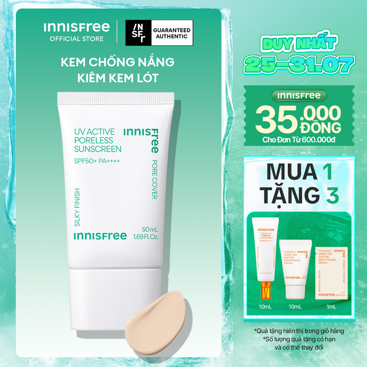 Kem chống nắng kiêm kem lót làm mịn lỗ chân lông INNISFREE UV Active Poreless Sunscreen SPF50+ PA++++ 50mL