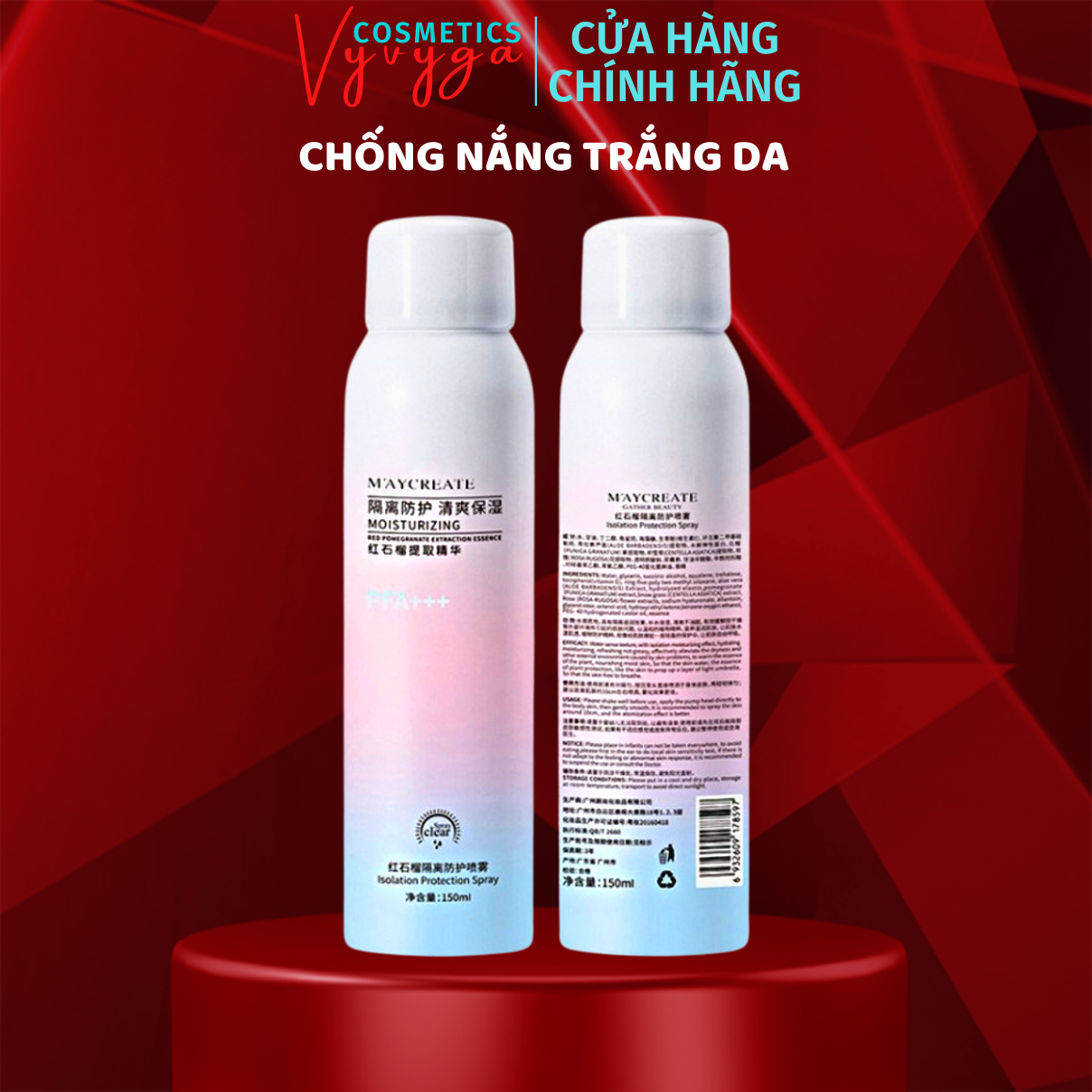 Chống Nắng Maycreate 150ml - Xịt chống nắng trắng da, Nâng tone da sáng hơn, kem chống nắng trắng da toàn thân CN02