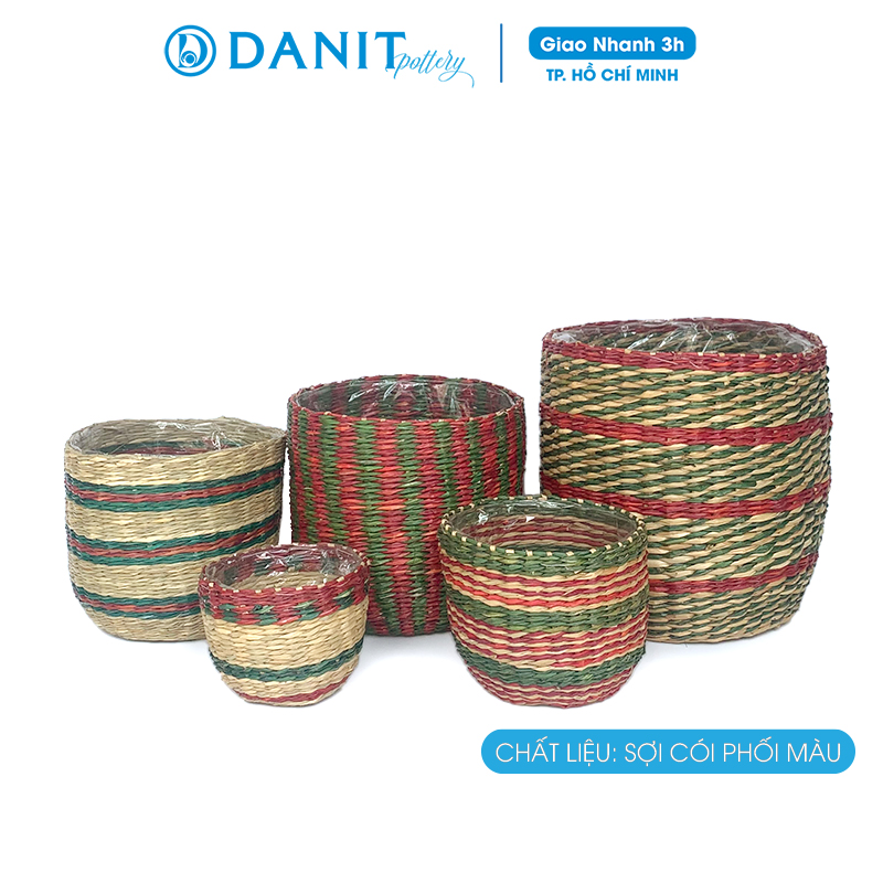Giỏ cói trồng cây phối màu xen kẽ dáng bo đáy | Giỏ cói decor | Giỏ đụng đồ Danit Pottery