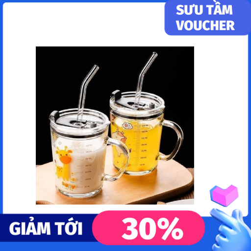 Set 2 Cốc thủy tinh chia vạch uống sữa cho bé cao cấp, kèm ống hút silicon nắp đậy - cốc chia vạch