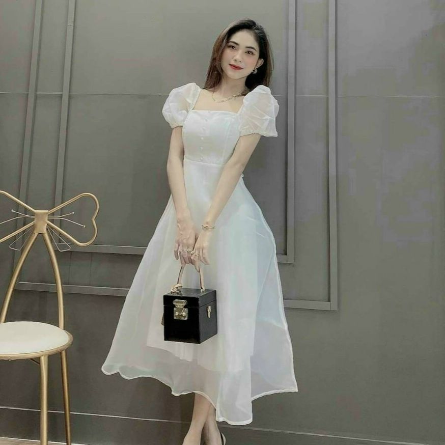 Đầm váy nữ dự tiệc voan tơ cổ vuông đính ngọc đỏ trắng nude nhẹ nhàng trẻ trung