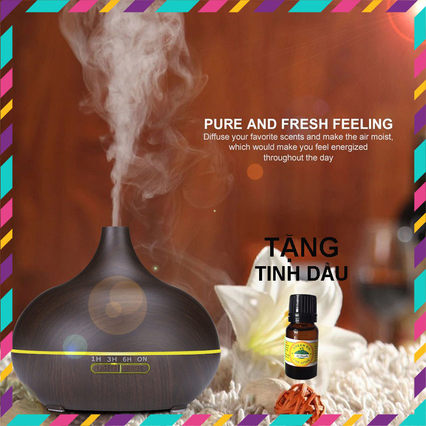 [Tặng tinh dầu+điều khiển] Máy Khuếch Tán Tinh Dầu Cổ Cao Vân Gỗ 500ml Có Remote phun sương xông tinh dầu tạo hương thơm, tự động tắt khi hết nước - one shop store