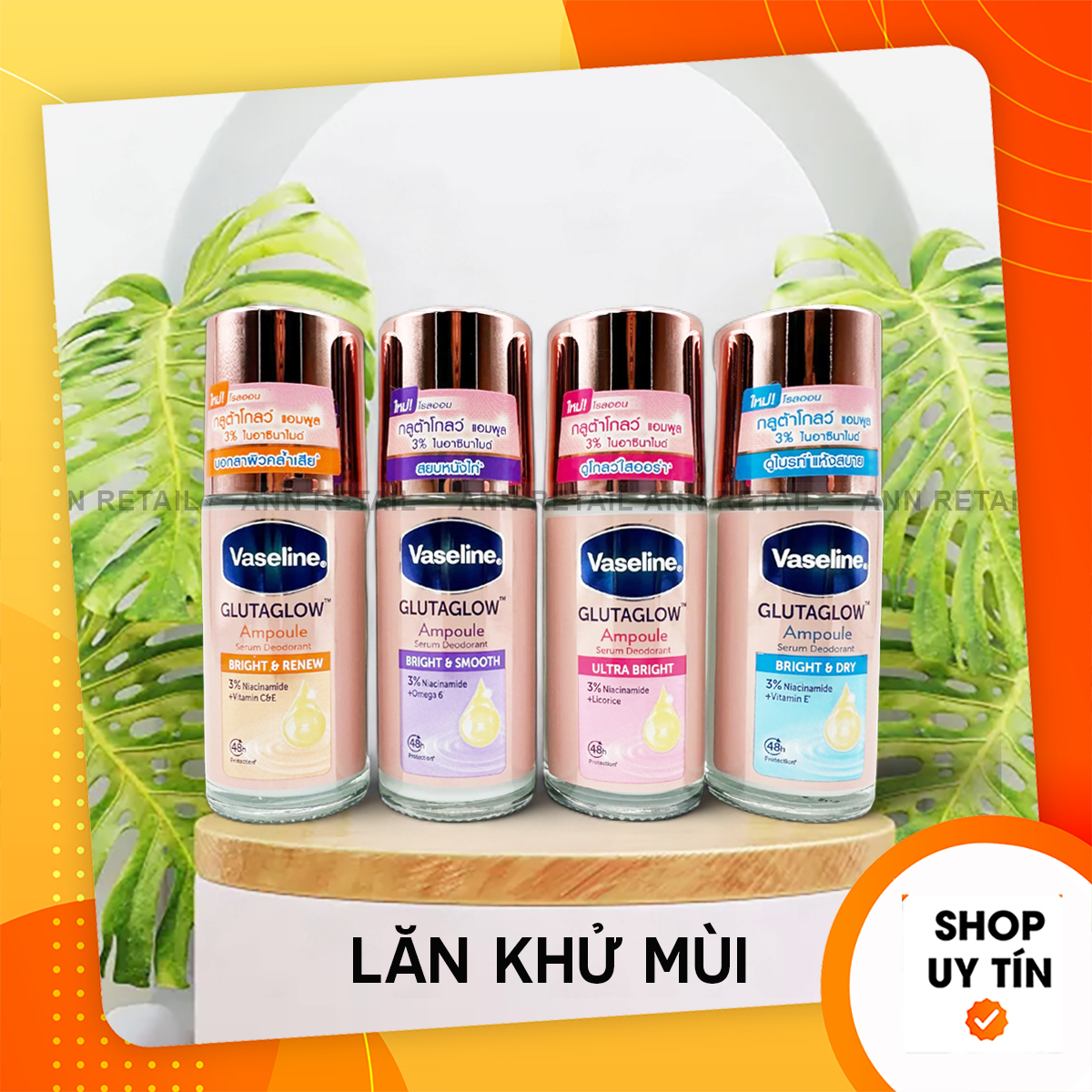Lăn Khử Mùi Vaseline Thái Lan Glutaglow Ampoule Dưỡng Sáng Da Khô Thoáng Khử Mùi 48h