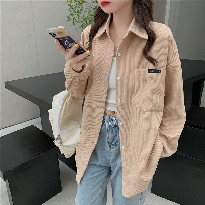 Áo sơ mi nhung gân tăm dáng rộng/ áo khoác kiểu dáng sơ mi phong cách hàn quốc- dáng dài from rộng nam nữ