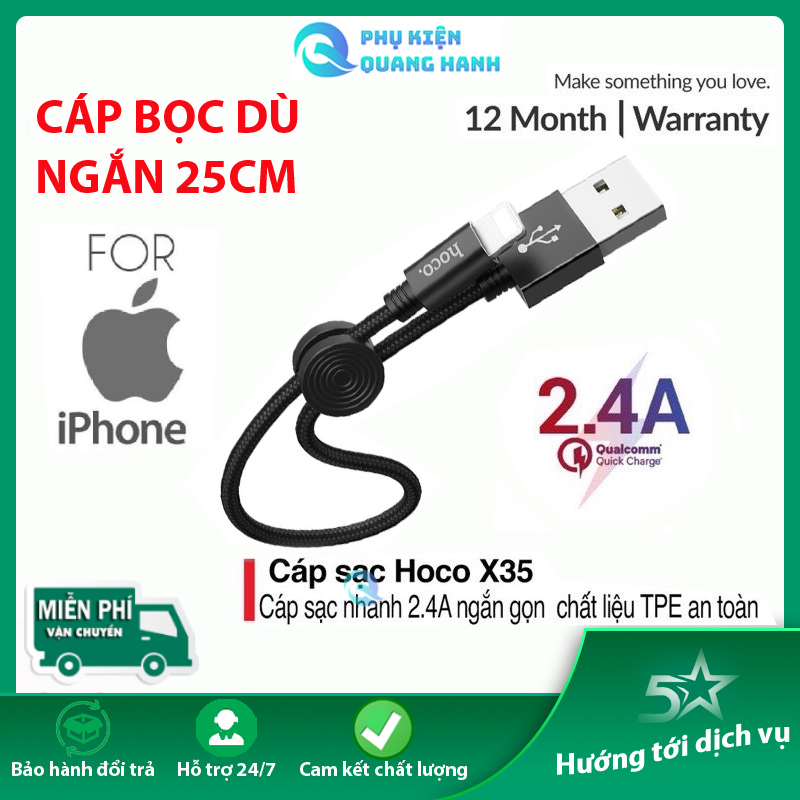 Dây sạc ngắn 25cm iphone Hoco x35 - cáp sạc bọc dù dùng pin sạc dự phòng iphone