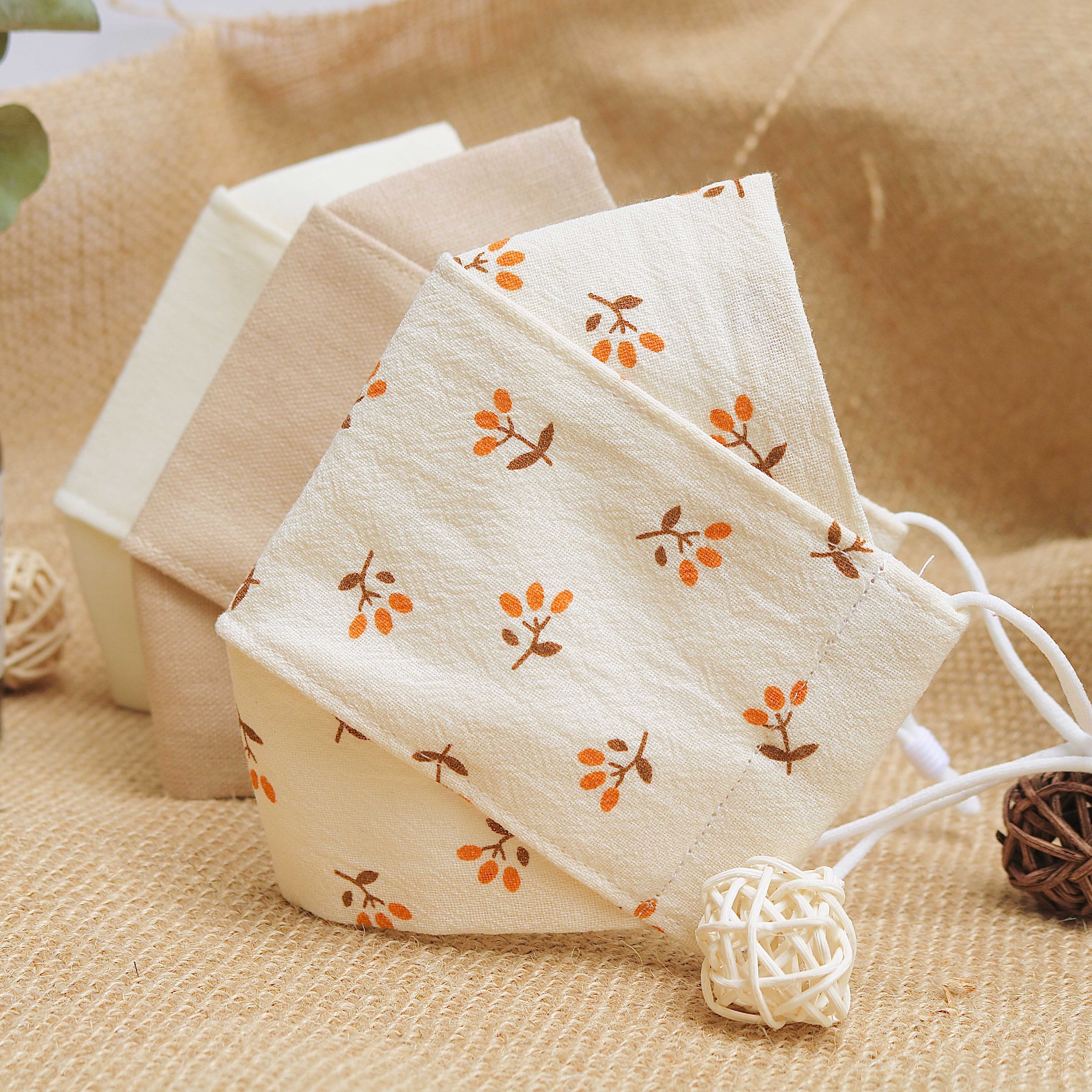 [HCM]Combo 3 Khẩu Trang Vải Linen Cotton 3 Lớp Hoa Nhí  Màu Be Cà Phê Sữa Thô Hoa Cara