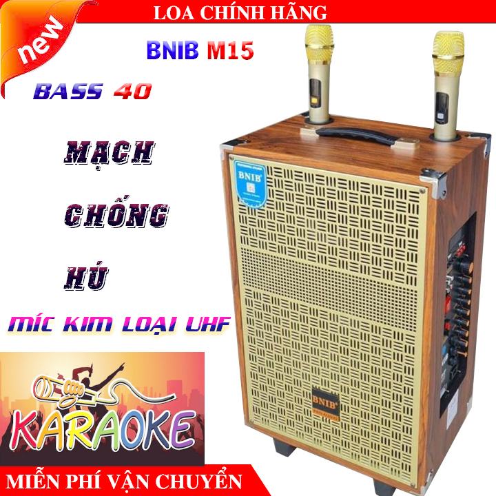 free ship LOA KÉO CAO CẤP BNIB M15 BASS 40 ÂM THANH VANG CHẮC SỐNG ĐỘNG, KÈM 2 MÍC VÀNG UHF TUYỆT ĐẸP, BẮT XA NHẬY