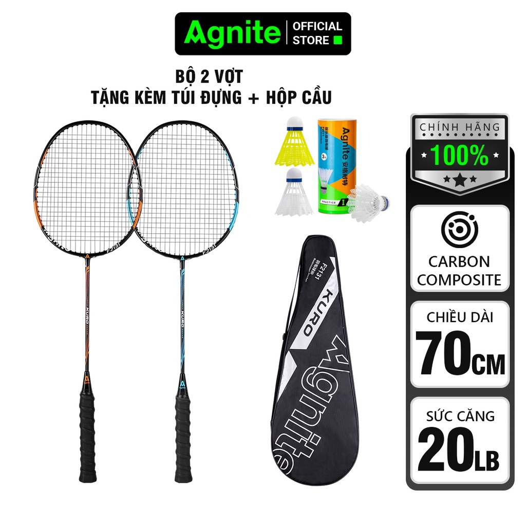 [Tặng cầu] Bộ 2 chiếc vợt cầu lông Agnite chính hãng tặng kèm 3 cầu nhựa và bao đựng, siêu nhẹ, khung carbon cao cấp