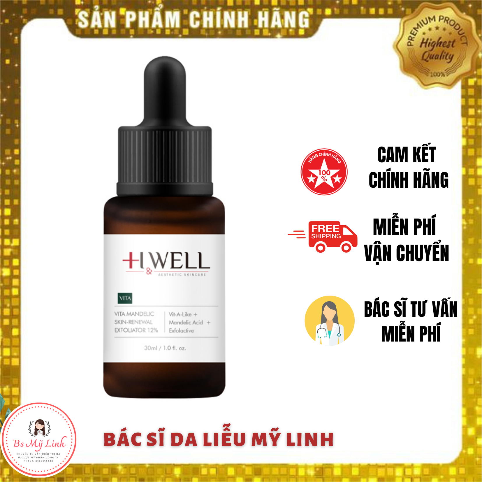 [HÀNG CÔNG TY] SERUM H WELL VITA MANDELIC ACID TẨY TẾ BÀO CHẾT HOÁ HỌC dưỡng trắng da