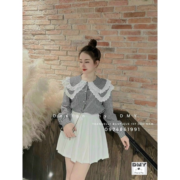 Áo sơ mi trắng và kẻ cổ viền ren 2 tầng bèo tiểu thư gs110