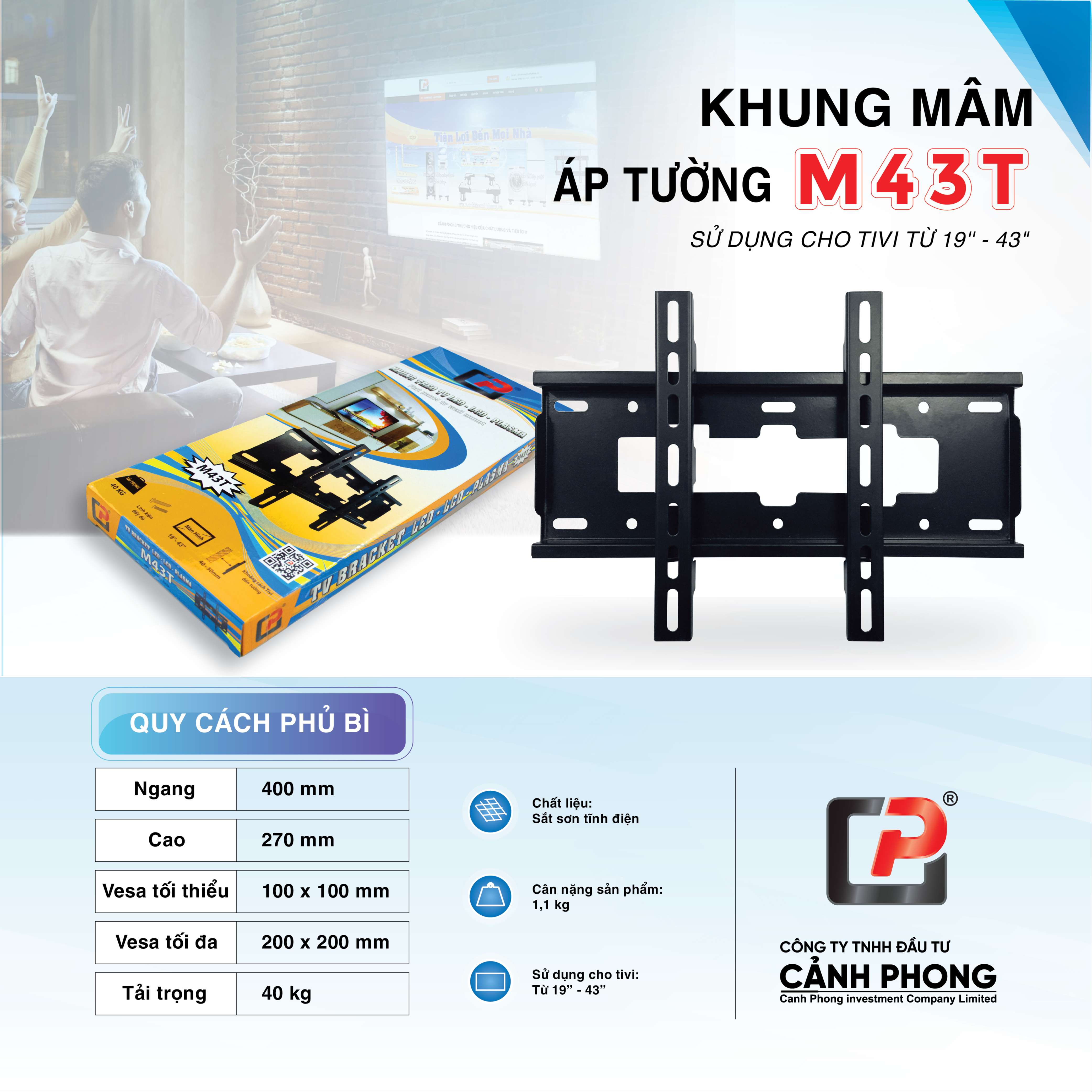 Khung treo tivi áp tường dạng mâm M43T . Cảnh Phong