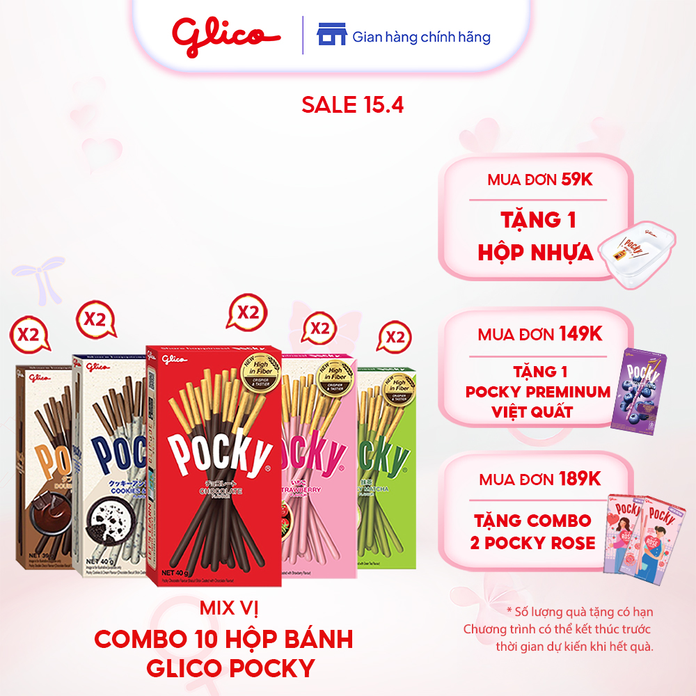 Combo 10 Hộp Bánh Que Phủ Kem Nhiều Vị Glico Pocky (2 Cookie & Cream - 2 Dâu - 2 Socola - 2 Trà Xanh - 2 Double Choco)