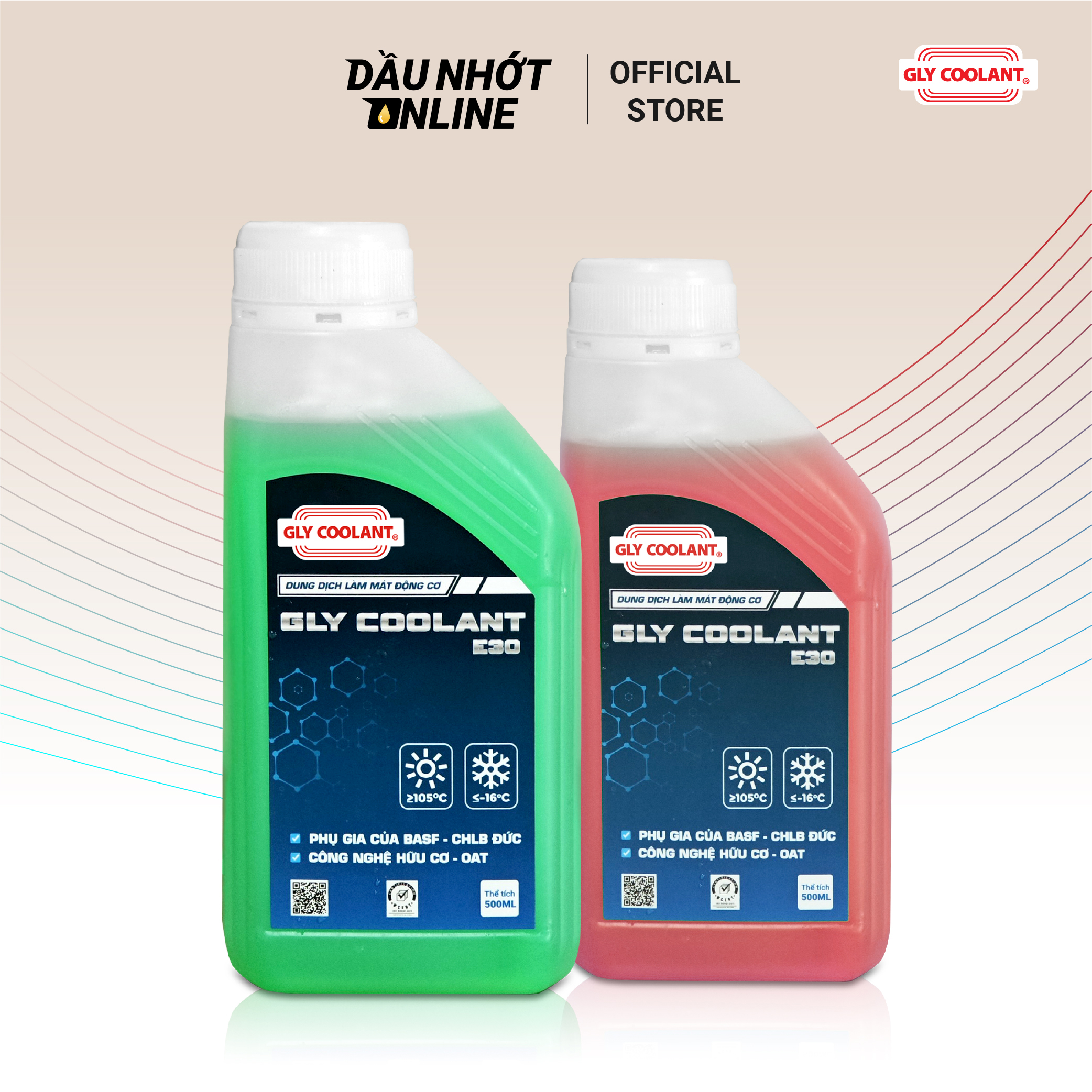 [CAO CẤP] Nước làm mát động cơ Ô Tô, Xe Máy GLY COOLANT E30 Xanh/Đỏ Chai 500ML