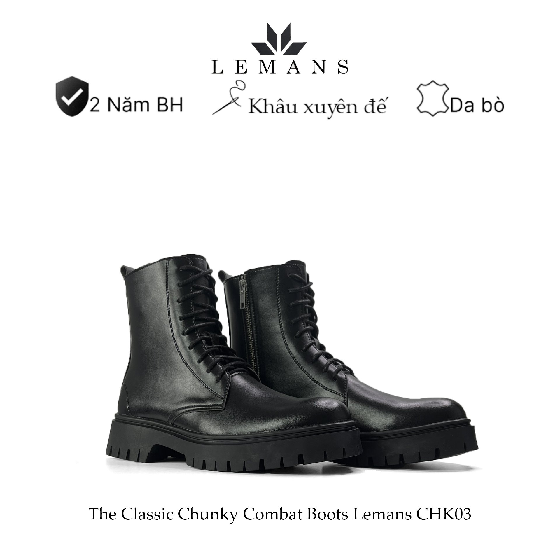 [FROM - THIẾT KẾ MỚI] Giày da bò The Classic Chunky COMBAT Boots LEMANS CBB01 nam - Đế Chunky cao 5c