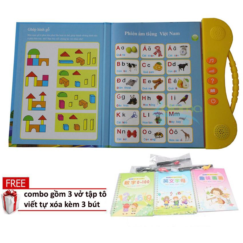 (Tặng Bộ 3 vở tập tô tập viết tự xóa kèm 3 bút) Sách nói điện tử song ngữ Anh-Việt  - Sách thông minh Song ngữ điện tử cho bé đọc hát kể chuyện - Sách thông minh cho bé học tiếng anh- tiếng việt - toán