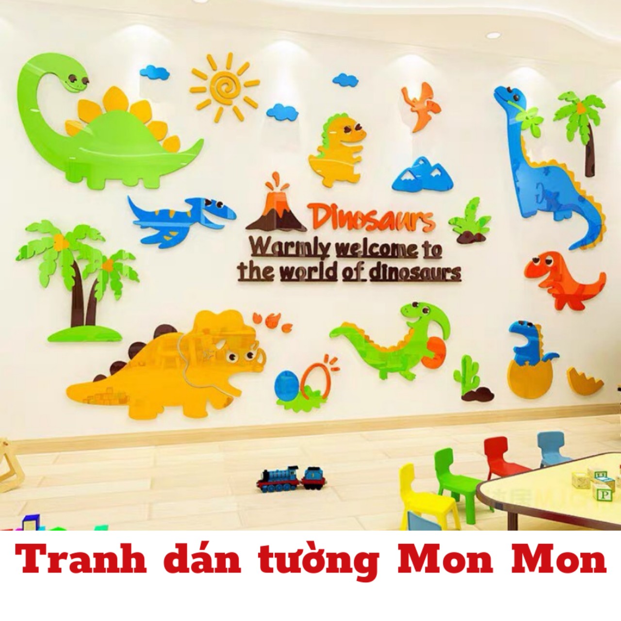 Tranh dán tường Mon Mon - Tranh mica 3D dán tường thế giới các loài khủng long, decal mica trang trí phòng ngủ bé trai