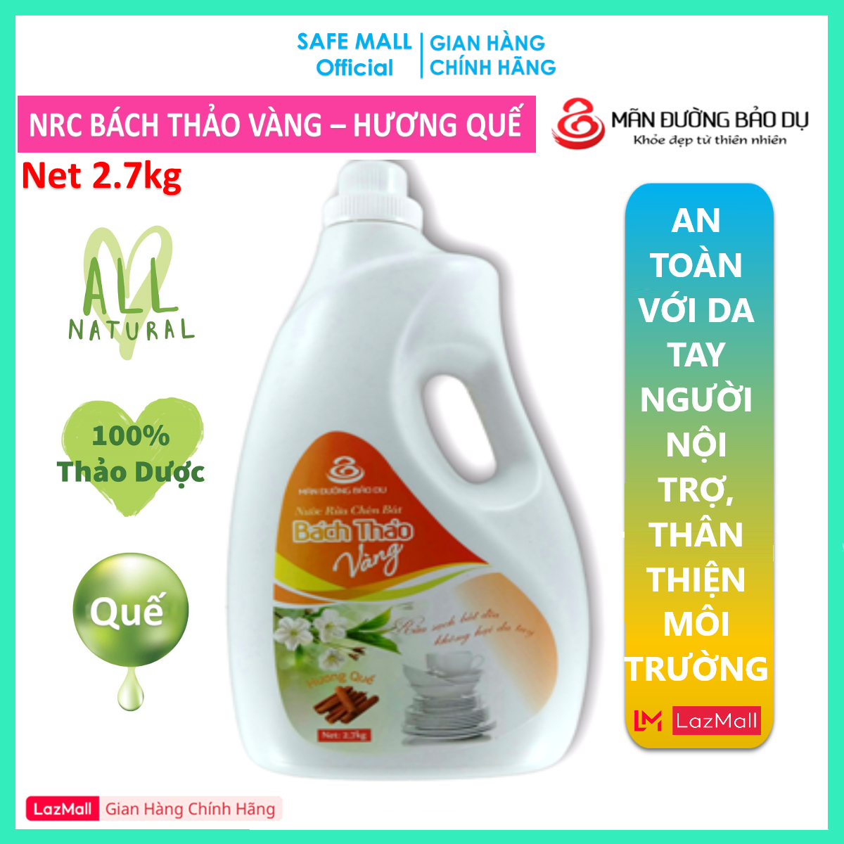 SAFEMALL - Nước Rửa Chén Bách Thảo Vàng Hương Quế 100% Natural Chiết Xuất Thiên Nhiên Không Hại Da Tay - Can 2.7kg - Hàng Chính Hãng SAFEMALL OFFICIAL