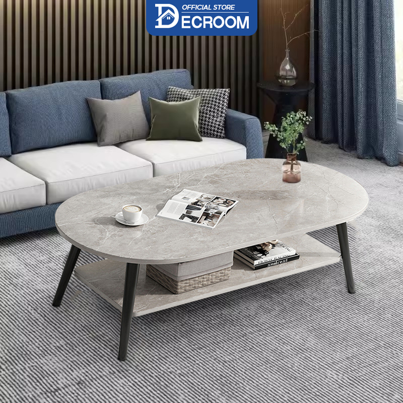 Decroom bàn trà sofa phòng khách, bàn trà hình ovan 2 tầng, mặt bàn họa tiết vân đá cẩm, chân bàn gỗ vững chắc ổn định