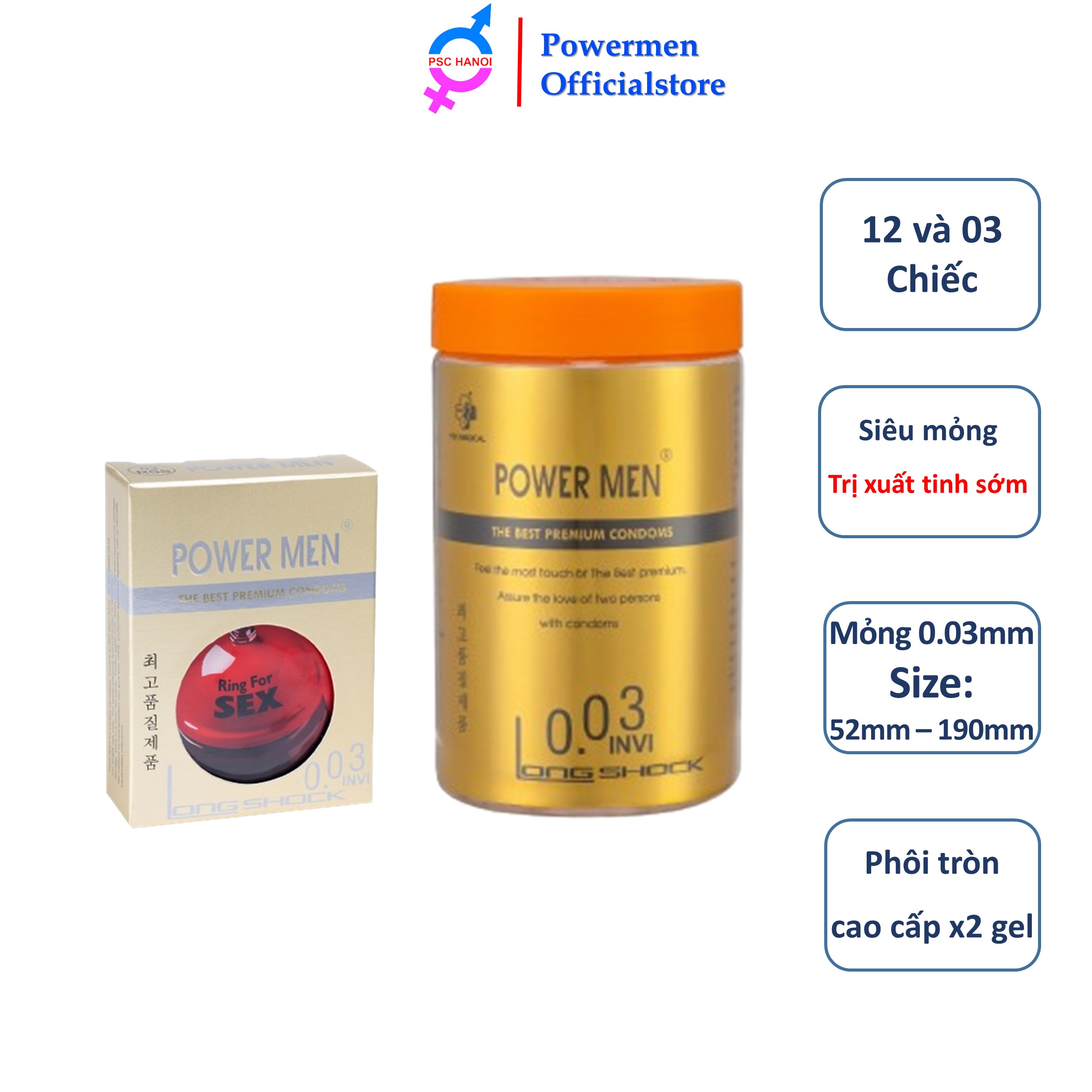 Bao cao su power men 0.03 invi siêu mỏng kéo dài thời gian hạn chế xuất tinh sớm hộp 03 và 12 bcs