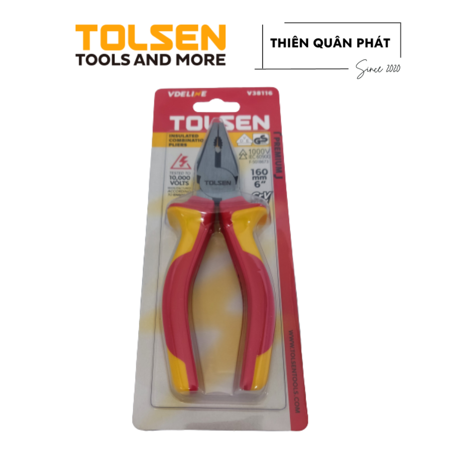 Kềm răng cách điện 1000V Tolsen V38116 sản phẩm cao cấp, chuyên dùng cho công việc xử lý điện cao áp chuyên dùng cho thợ điện chuyên nghiệp