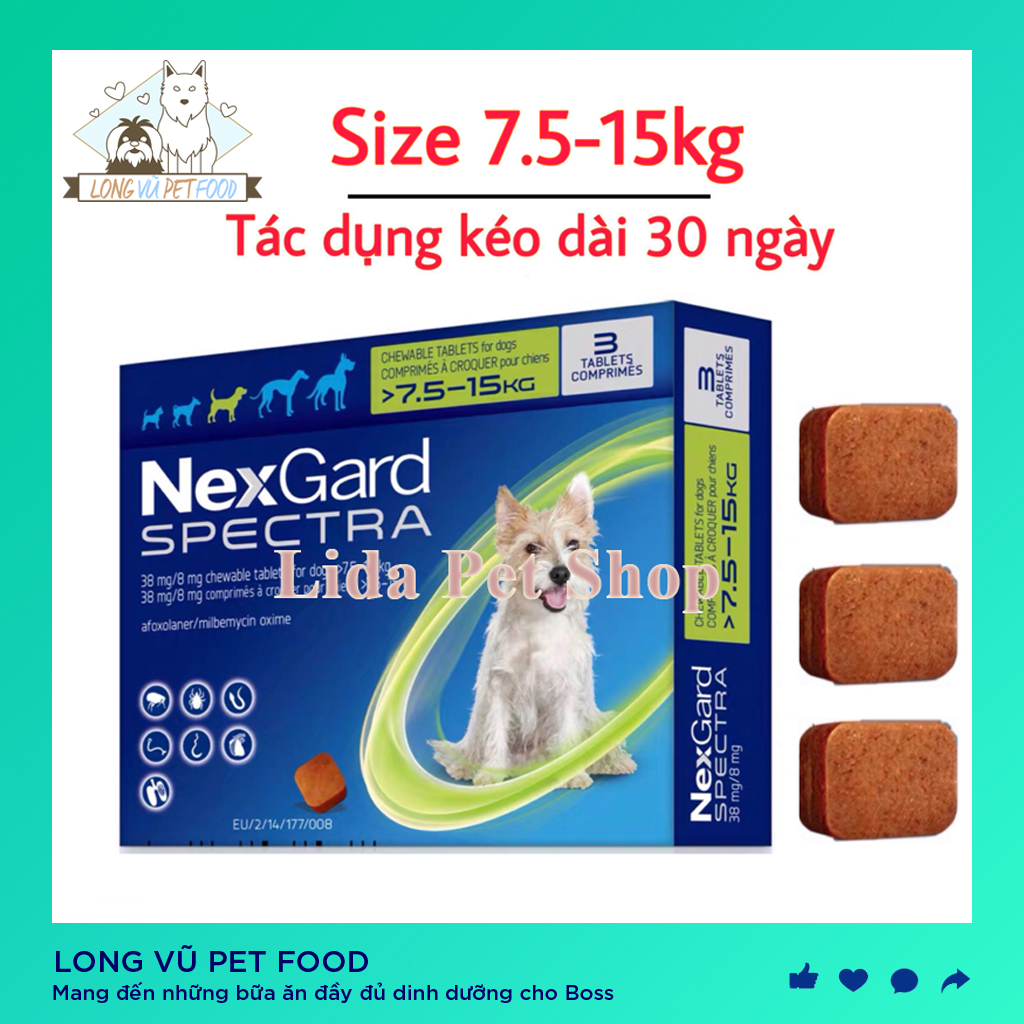 NEXGARD SPECTRA Thuốc trị ve ghẻ, bọ chét, demodex, tẩy giun cho chó - Hộp 3 viên (7,5-15kg) - Long Vũ Pet Food