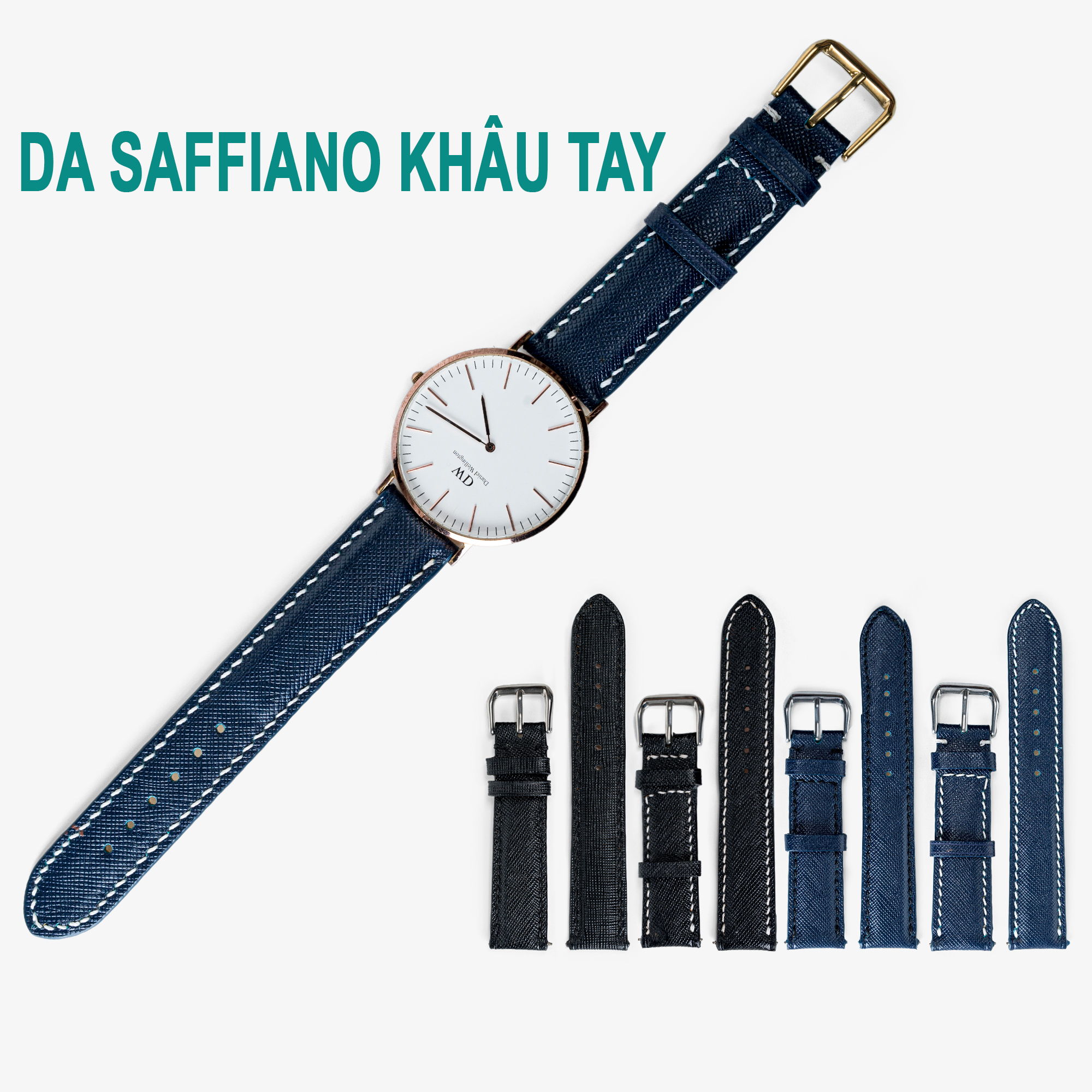 Dây đồng hồ nam da saffiano D112-da thật-khâu tay thủ công cao cấp, dây da đồng hồ size 18mm 20mm 22mm 24mm phù hợp với cả dw rolex hublot orient seiko