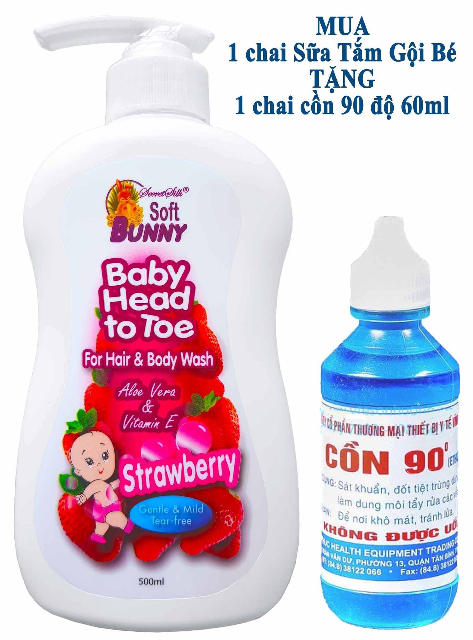 Sữa Tắm Gội Bé Soft Bunny - Dâu 500ml - [ Tặng chai cồn 90 độ 60ml ]