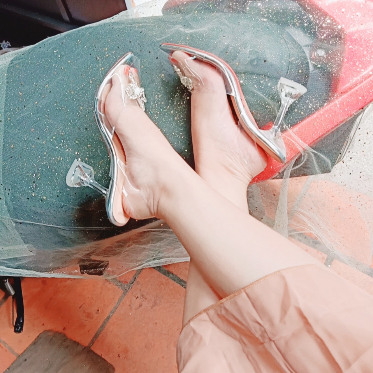 Giày cao gót 9p - FreeShip - Giày cao gót 9p trong suốt đính nơ đá sang trọng,đi tiệc đi làm rất đẹp -CG NơĐá