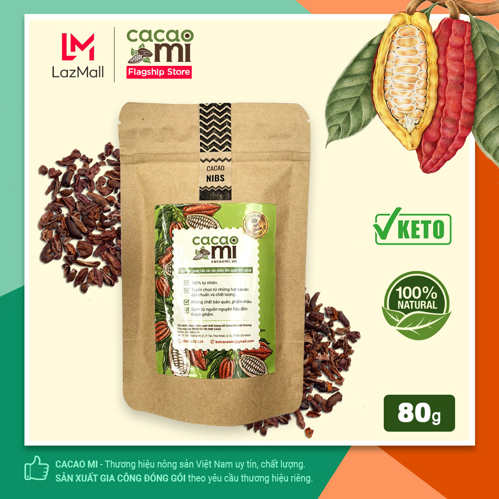 Cacao Nibs hạt ca cao rang nguyên chất 100% thích hợp ăn kiêng giảm cân Keto Eat Clean CacaoMi chuẩn UTZ xuất khẩu gói 80g