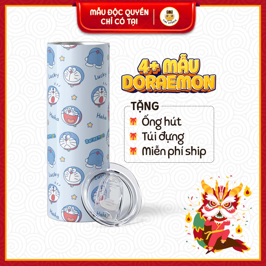 Ly giữ nhiệt hình doraemon - bình giữ nhiệt hình doraemon - 600ml - inox 304 - tặng kèm ống hút và túi đựng - timi studio