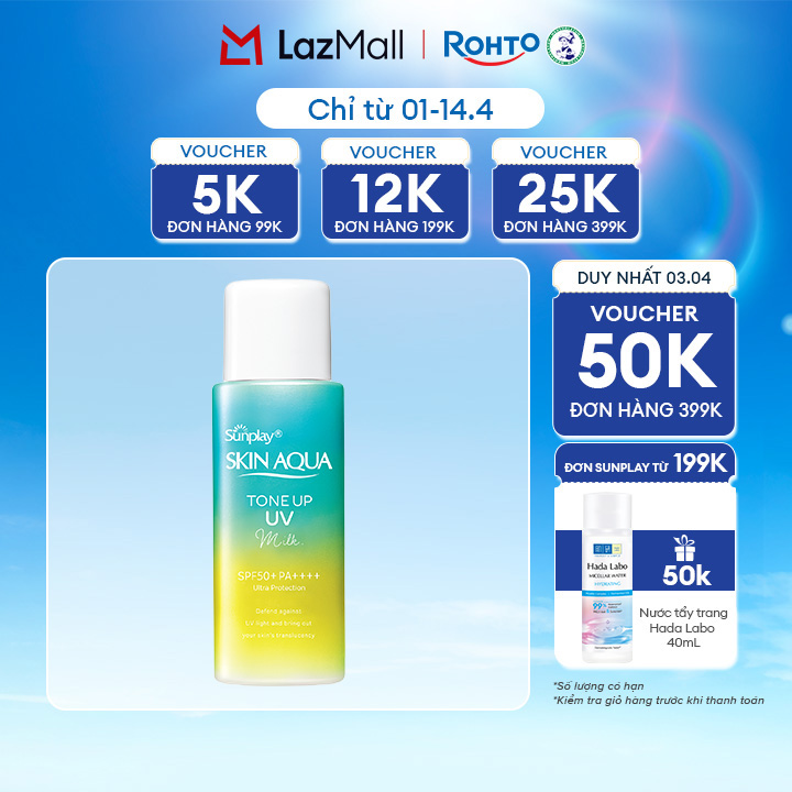 Kem chống nắng nâng tông Skin Aqua Tone up  Mint Green cho da trắng có khuyết điểm đỏ, dạng sữa Sunplay Skin Aqua Tone Up UV Milk Mint Green SPF 50+ PA++++ 50g