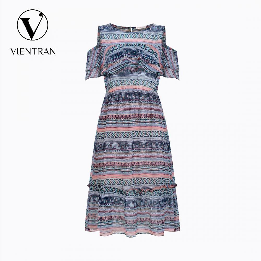 Đầm nữ 2 lớp lót voan bèo ngực hở vai vien tran v63l18h056