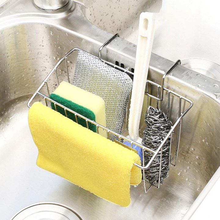 Kệ rổ inox treo thành bồn rửa chén - có thanh để khăn, có khay hứng nước