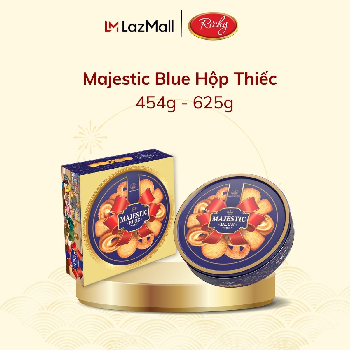  Hộp Quà Tết Bánh Majestic Blue Có Túi Giấy Hộp Thiếc 454g - 625g - Bánh Kẹo Richy 