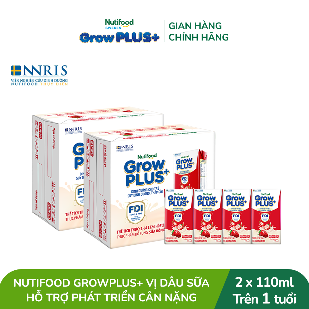 Combo 2 Thùng 24 hộp Sữa nước pha sẵn Nutifood GrowPLUS+ Vị Dâu Sữa hộp 110ml - Hỗ trợ phát triển cân nặng