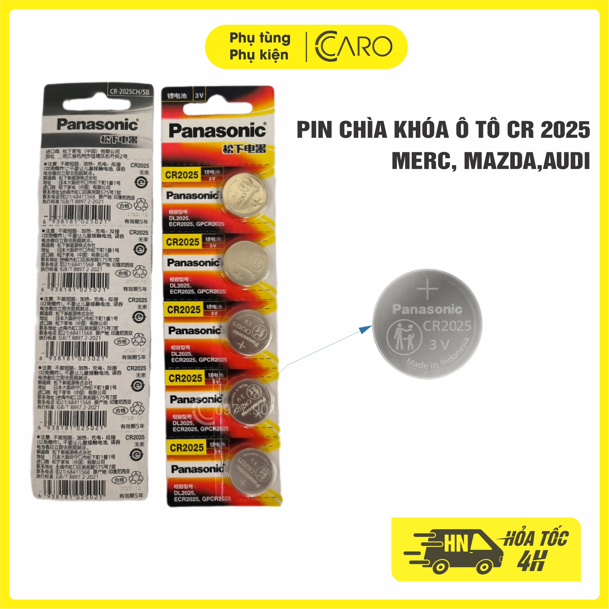 Vỉ 5 viên pin cúc, pin Lithium nút áo CR2025 Panasonic thay cho chìa khóa, điều khiển ô tô Mazda, Mercedes-Benz, Audi
