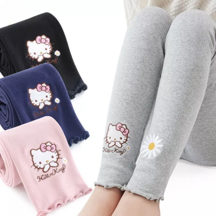 Quần legging dài cho bé gái hoạ tiết thêu kitty dễ thương 8-32kg