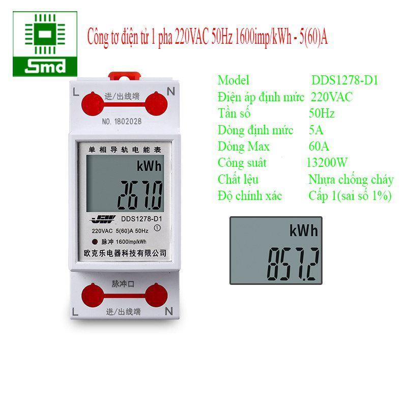 Công tơ điện tử 1 pha 220vac 50hz 1600imp/kwh - 5a