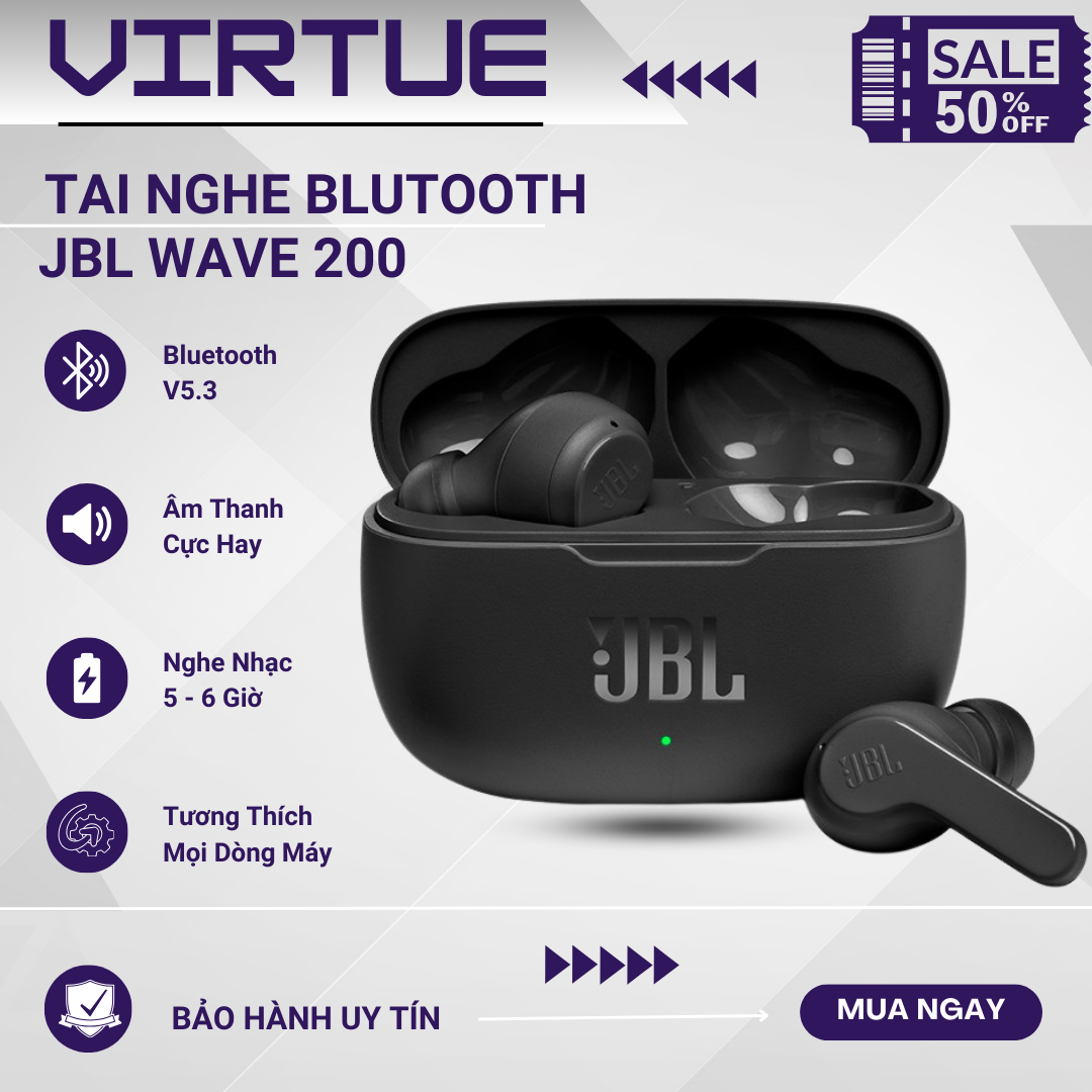  Tai nghe bluetooth cao cấp JBL Wave  Tune 200 TWS  Bluetooth V5.3  âm thanh cực hay ,Chống ồn ANC Chuẩn âm thanh Chống nước IPX2.... BH Lỗi 1 đổi 1 